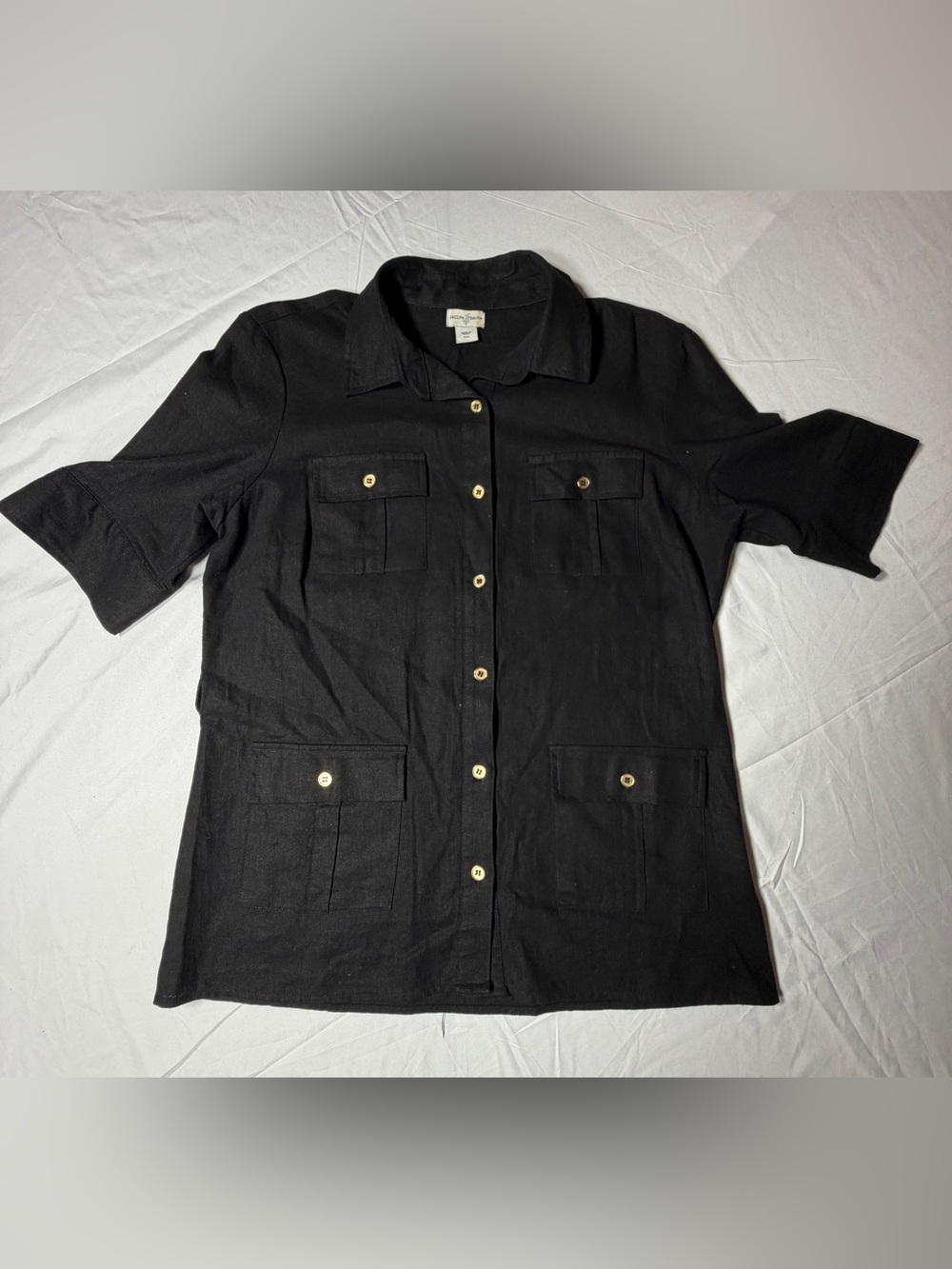 Jaclyn Smith Black Utility Shirt Short Sleeve Button Down 4-Pocket Blouse Size M